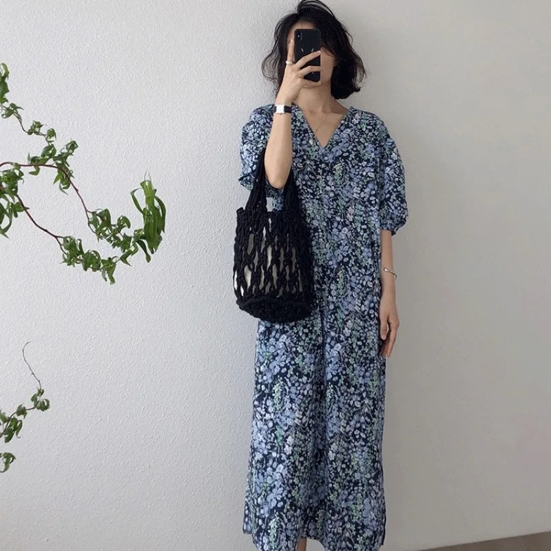 

Women's Summer Vintage Loose Long Chiffon Floral Dress Puff Sleeve V Neck Blue Maxi Sundress French Style