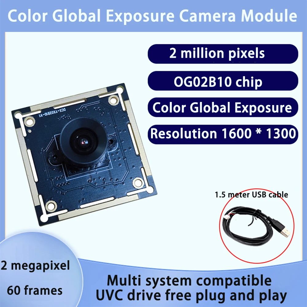 

HD 2 Million Pixels Camera Module 60fps OG02B10 Chip Global Exposure Module with 1.5m Cable USB2.0 Driver-Free for WIN Linux