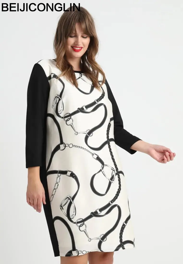 Plus Size Floral Print Elegant Dress Women White And Black Loose Midi Dress Ladies Large Size Spring Summer Casual Dress 6XL 7XL