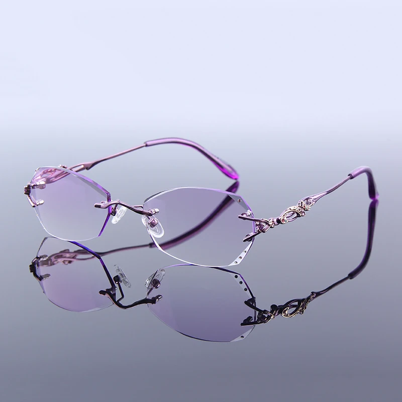 Rimless Women Reading Eyeglasses prescription glasses Titanium Diamond Decoration Clear Lenses Custom CYL Reader Female Presbyopia Glasses