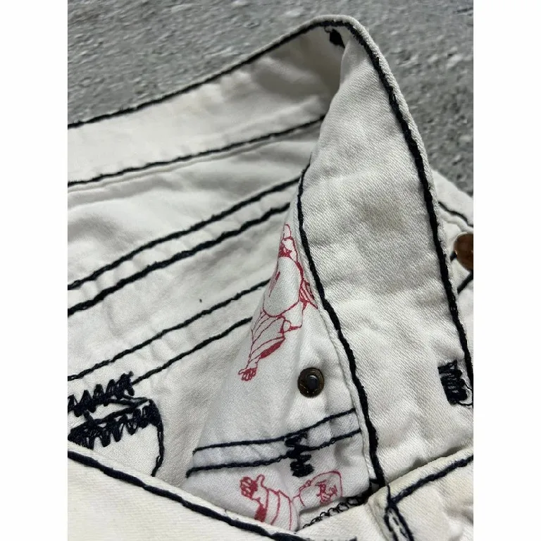 Retro Buddha Denim Short Y2K Jeans Men Women Harajuku Pocket Embroidery Retro White Baggy Denim Short Low Waist Basketball