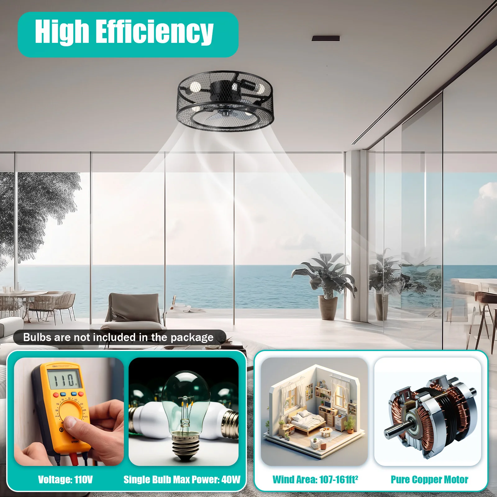 3 Blades 45cm/18inch Remote Control Ceiling Fan with Caged Light Vintage Industrial Style Applicable for 107.6-161.5ft&sup2; Area