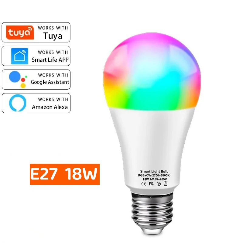 Smart RGB LED Light Bulb with Adjustable Wattage - E27 Base, Tuya-Controlled, Zigbee-Enabled, Multicolor, Voice Assistant Compatible