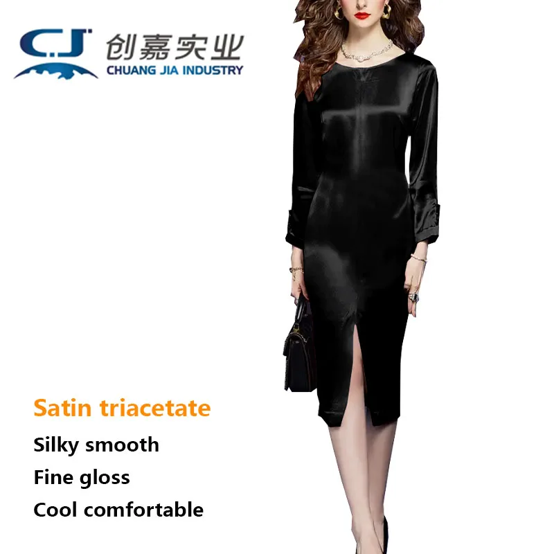 

Satin Triacetate Spring and Summer Women's Crewneck Long-sleeved Dress Slit Fashion Luxury Glossy Cool Sense Smooth Cool Skirt