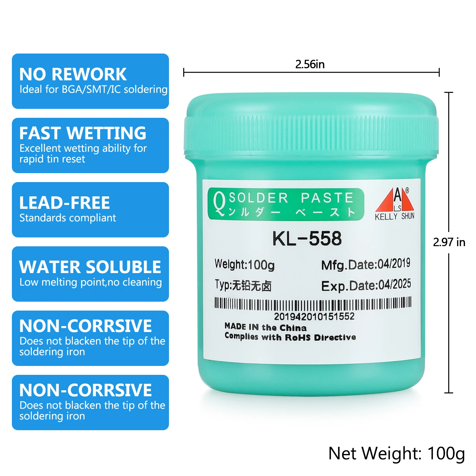 KELLSHUN 무연 KL-558 칩 납땜용 솔더 용접 플럭스, LED BGA SMD PGA PCB DIY 수리 도구 주석 페이스트, 100g