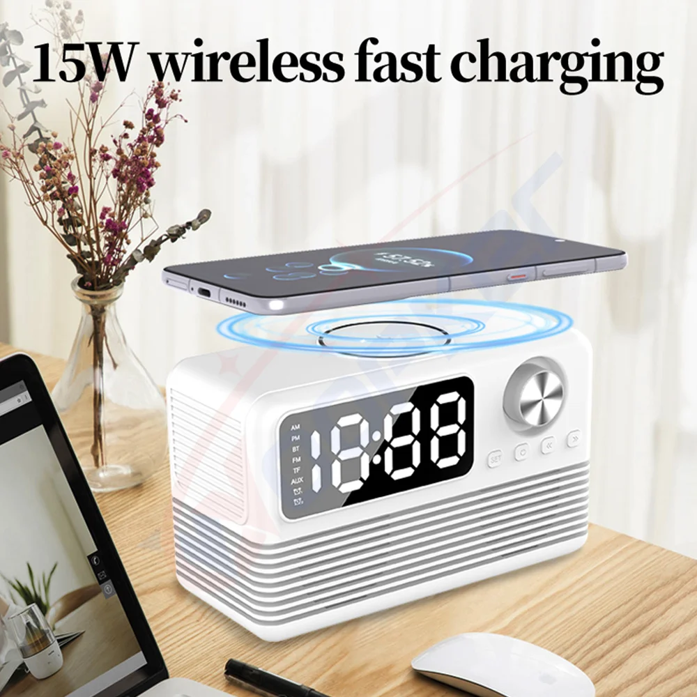 Wireless Charger Radio Time Alarm Clock LED Digital 15W Fast Charging Dock Stati