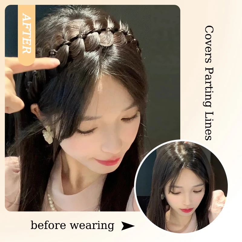 Synthetic Magnet-attached Braided Hairband Hairpiece Hand-woven Fishbone Headband with Velcro for Women Daily Use Hair Wig