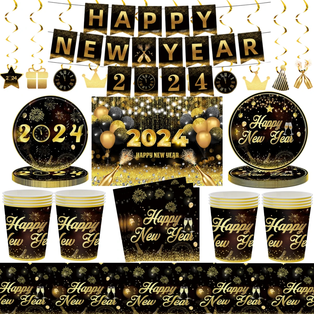 

Happy 2024New Year Party Decoration Disposable Tableware Black Gold Cup Plate Tablecloth Banner Napkin Dackdrop Cheer 2024 Party