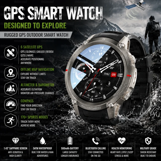 Montre connectée GPS tactique d'extérieur avec carte hors ligne, boussole, moniteur de fréquence cardiaque, tracker d'activité, étanche 5ATM, montres de sport d'aventure 1