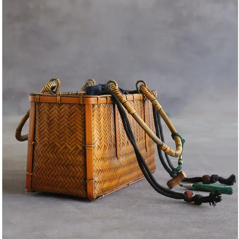 Japanese Bamboo Weaving String Bag Making Old Storage Bags Tea Set Storage Suitcase Case Convenient Handle Organizer Bag 5