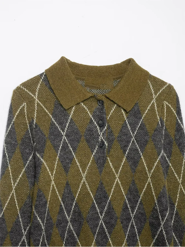 Women's Vintage Argyle Plaid Knitted Tops Causal Polo Collar Pullover Sweater Autumn New Ladies Classic Fashion Knitwear