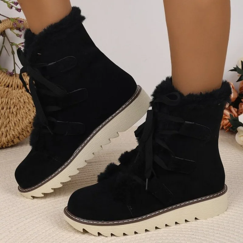 Lace-up Front Soft-soled Cotton Boots Winter New Round Toe Suede Anti-slip Wear-resistant Short-thigh Boots