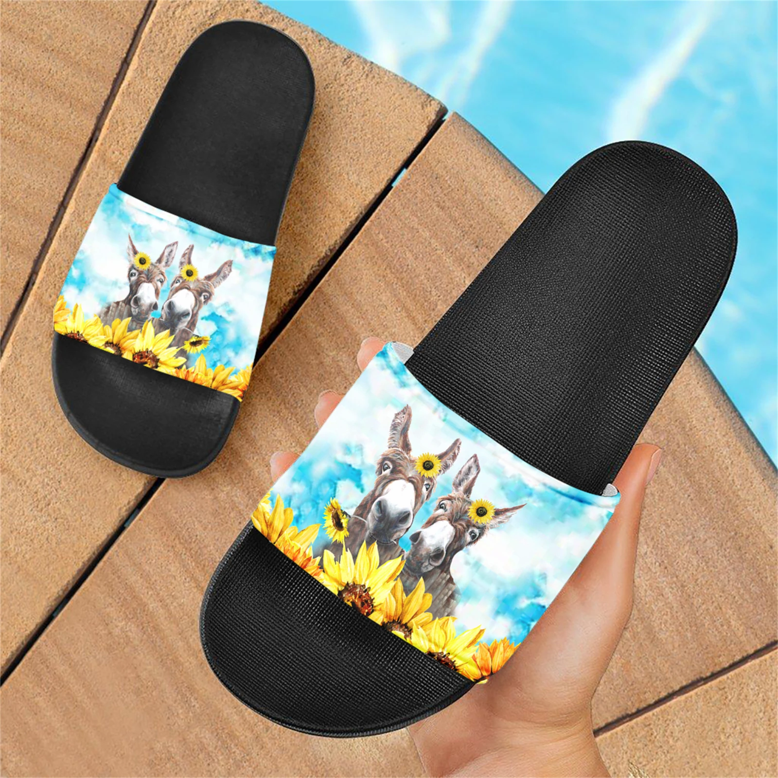 Slippers for Shower Donkey Sunflower Print Soft Sole Comfortable Slides Summer Couple Beach Non-slip Breathable Sandals Outdoor