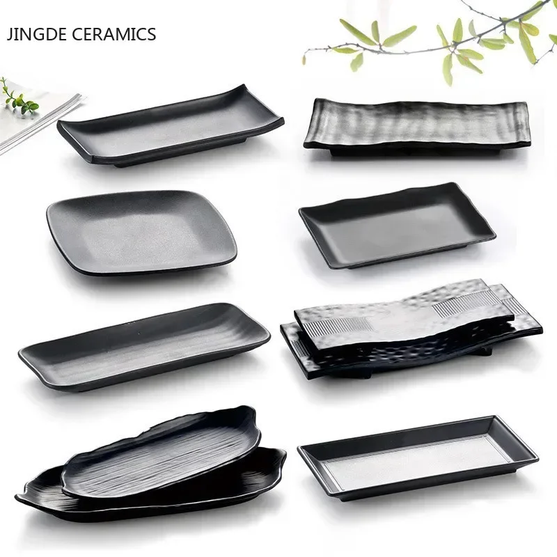 Barbecue Plate Black Scrub Striped Barbecue Meat Sushi Plate Melamine Kitchen Cutlery Korean Cuisine Saury Fruit Dessert Sushi Storage Plate