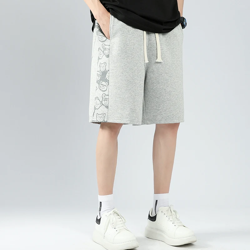 2024 New Summer Men Side Edge Patchwork Little Bear Printing Shorts Solid Color Loose Popularity Elastic Waist Casual Pants