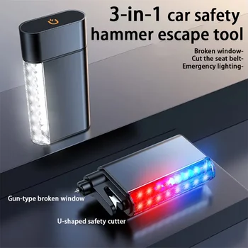 Martello di sicurezza per auto 3 in 1 Interruttore per finestrino in vetro di emergenza automatico Taglierina per cintura di sicurezza Funzione di illuminazione salvavita Strumento di emergenza per auto