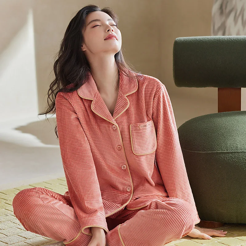 

Утолщенный бархатный женский пижамный комплект на осень и зиму, сохраняющая тепло, одежда для сна из кораллового флиса, домашняя одежда для женщин, пеньюар, женская одежда