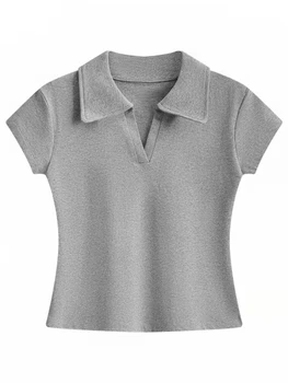 Minimalist Versatile Casual Top 2026 Summer New Solid Color Ribbed Polo Collar Women T-shirt Korean Style Slim Short Sleeve Tee