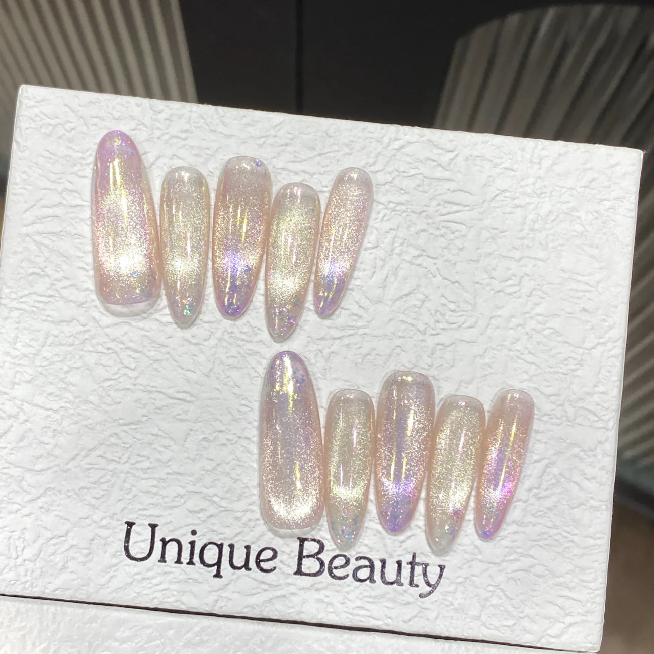 Glossy Gradient Cat Eye Press On Nails Long Oval False Nails_voghion.com