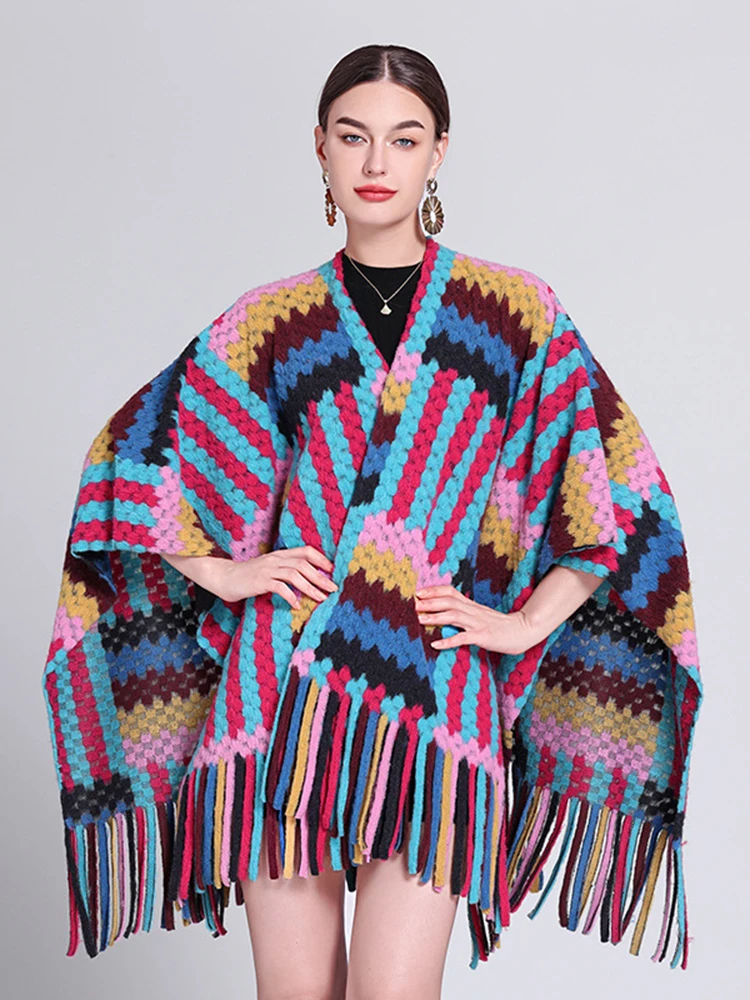 

GypsyLady Bohemian Striped knitted Cloaks Capes Autumn Winter Warm Women Knitted Hippie Ethnic Capes Cloak Poncho Outwear New