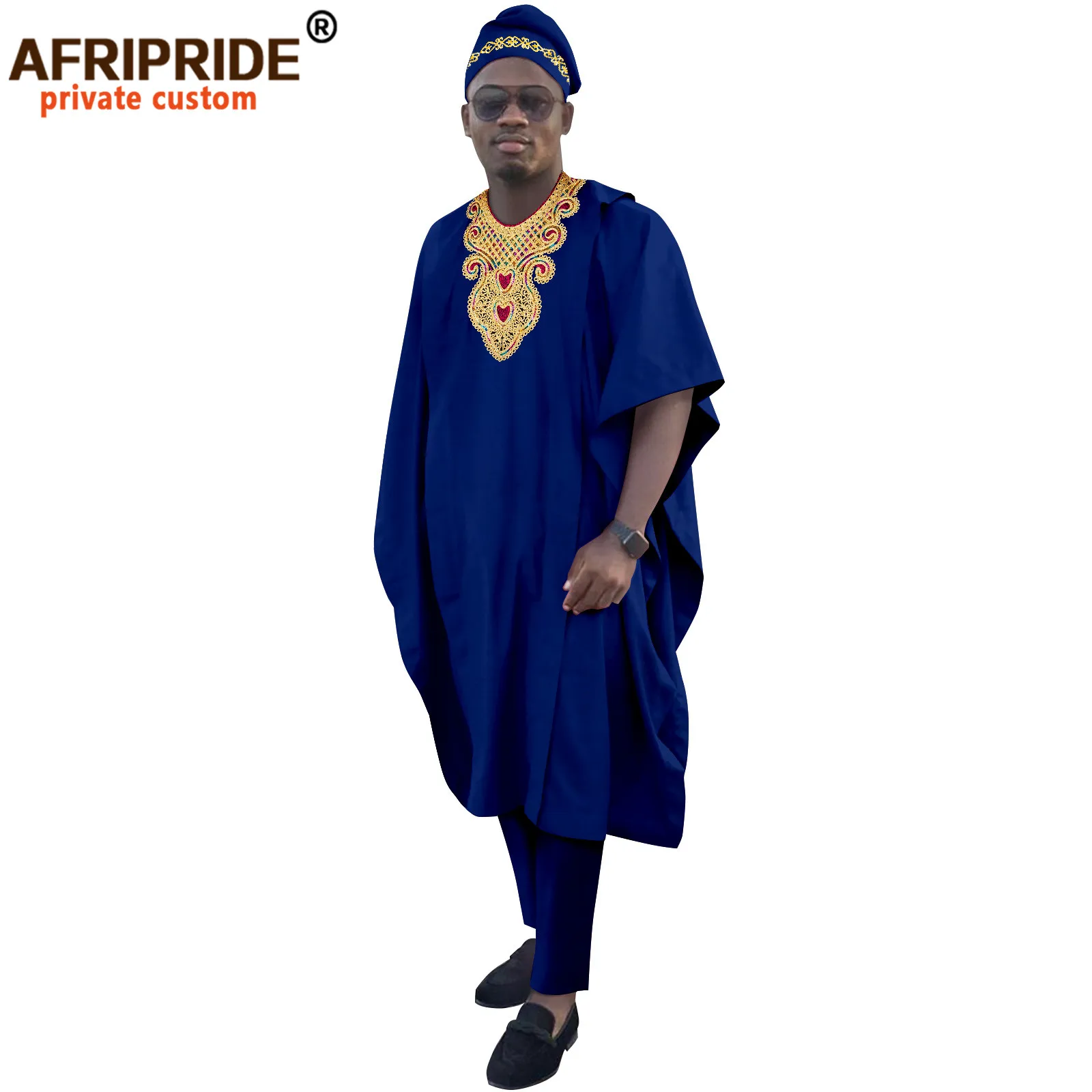 Dashiki Men African Suits Embroidery Agbada Robes Shirts Pants and Hats 4 Piece Set Tribal Outfits Bazin Riche Attire A2216054