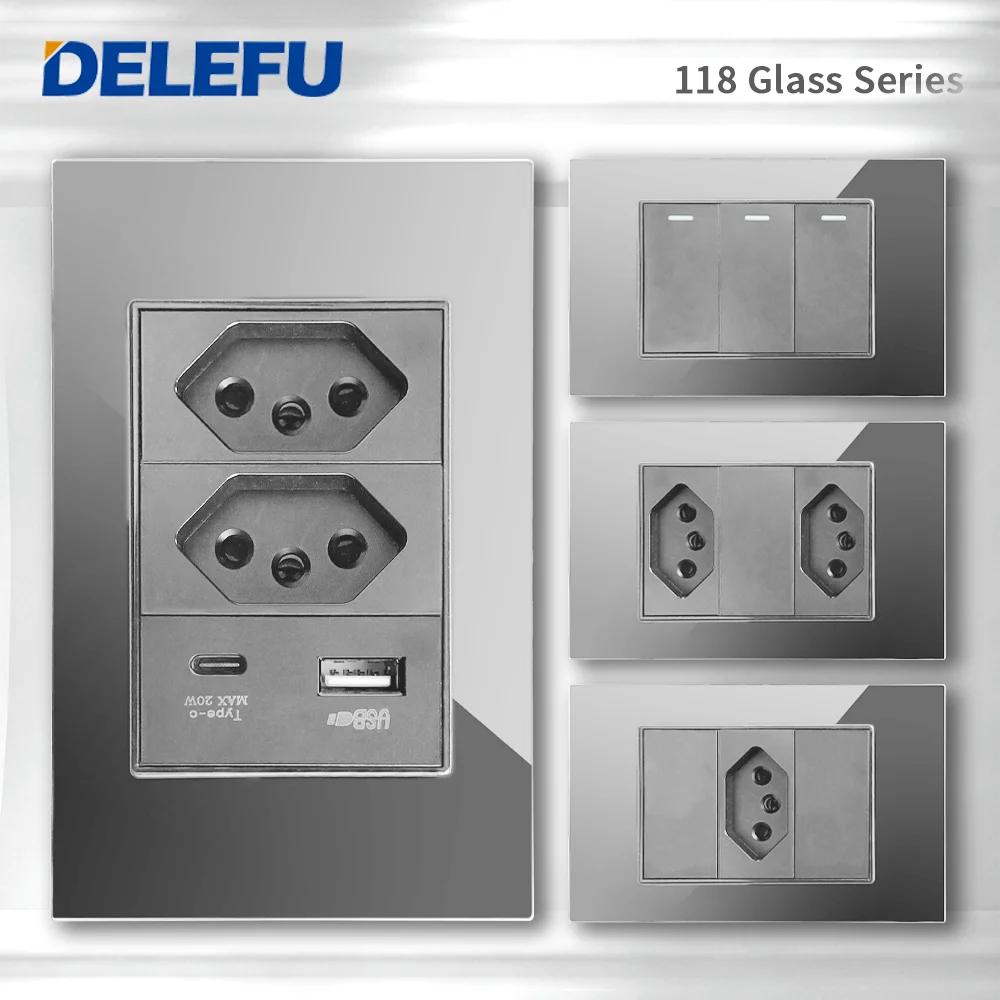 DELEFU 강화 회색 유리 브라질 표준 콘센트, 듀얼 USB C 타입 스위스 벽 소켓 조명 스위치, 스위스 118mm 10A 20A