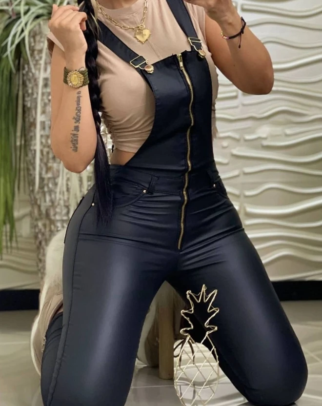 Woman PU Leather Zipper Pocket Design Suspender Jumpsuit Female Casual Clothing New Women's Fashion Sleeveless Skinny Jumpsuits new women spring summer fashion sleeveless pocket u neck bodysuit pure color casual slim sexy wrap hip suspender jumpsuit female