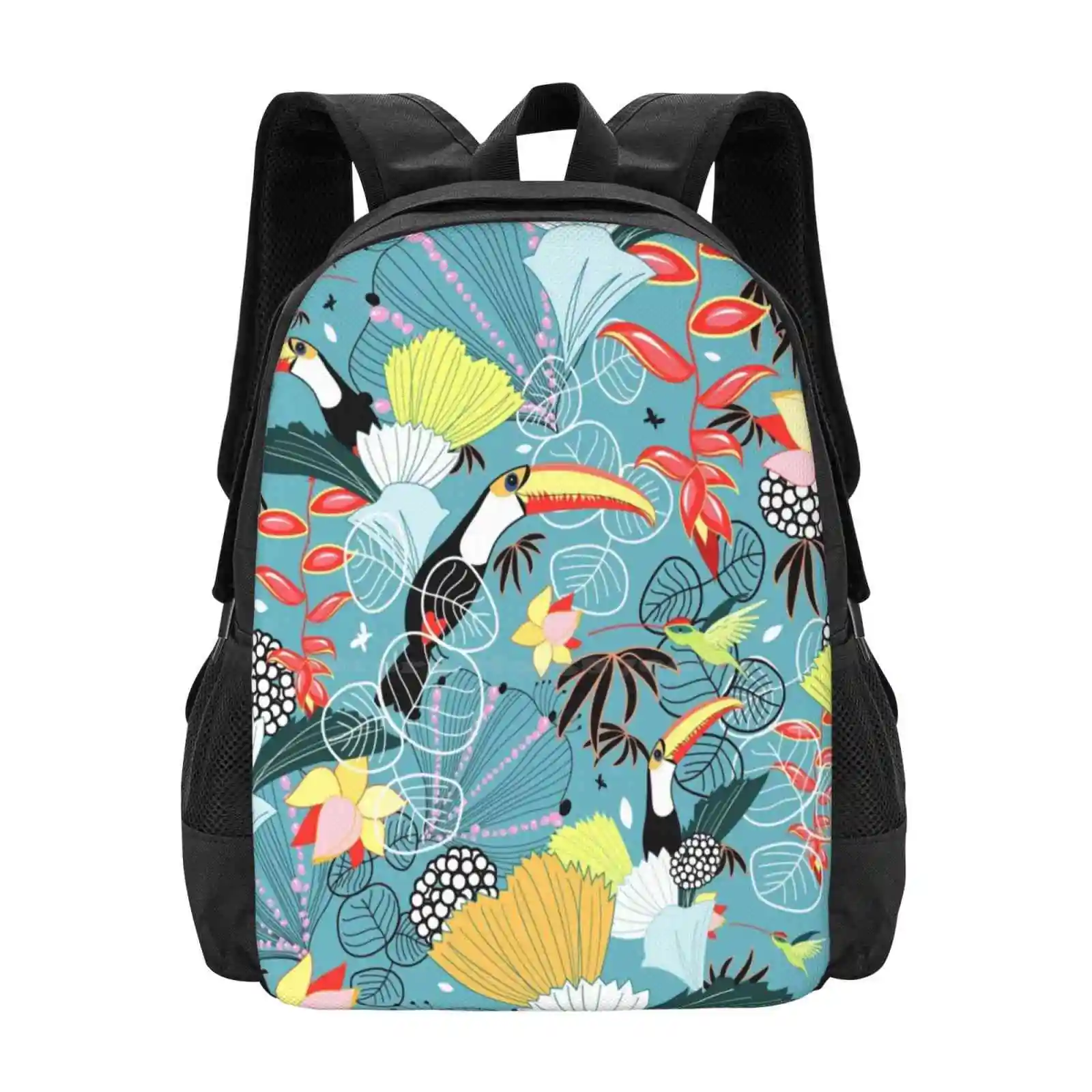 

Tropical Birds Large Capacity School Backpack Laptop Bags Toucans Hummingbirds Texture Plants Tropical Beauty Background