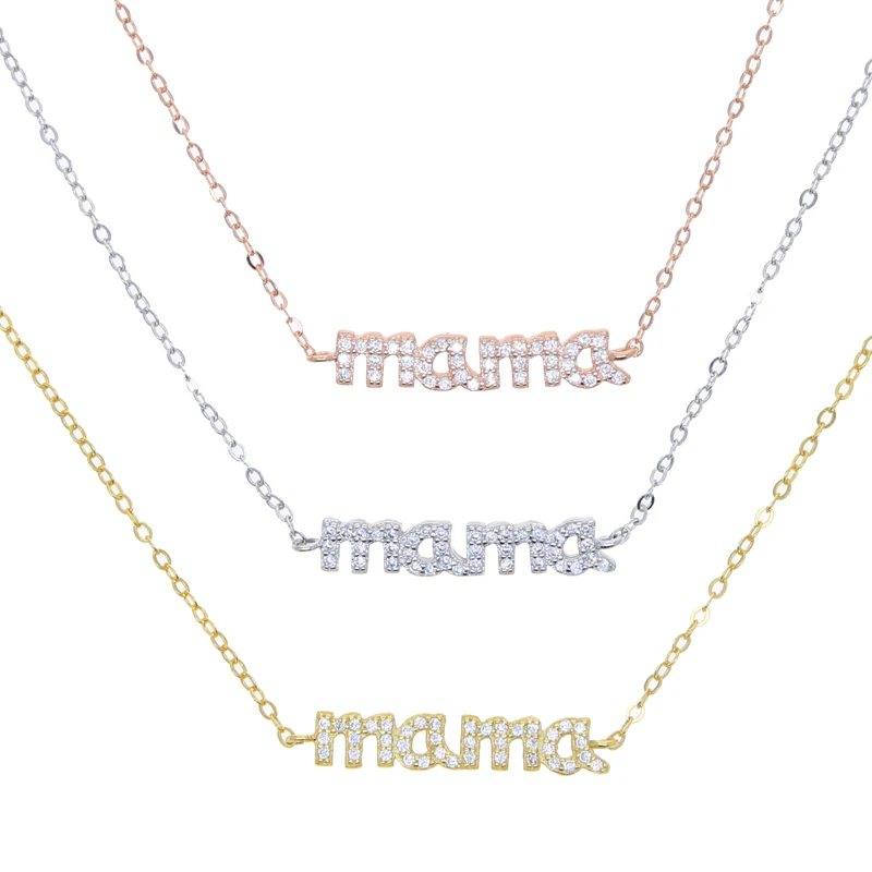 Mother Day Gift Cz Mama Necklace 100% 925 Sterling Silver 3 Colors Delicate Pave Cz Mama Charm Silver Jewelry for Mom