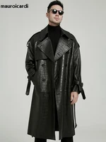 Mauroicardi Spring Autumn Long Black Crocodile Print Pu Leather Trench Coat Men Belt Double Breaste Runway European Fashion 2023 1