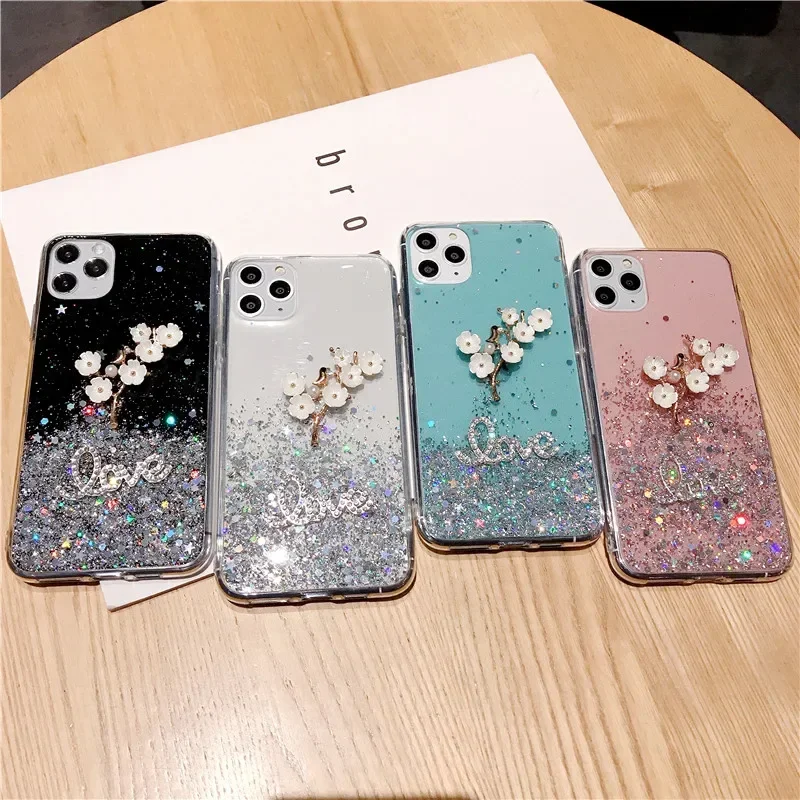 

3D Flower Glitter Star Case for IPhone 15 14 13 11 12 Pro 12Pro Max XS X XR 7 8 Plus SE 2020 Shining Sequin Cover Coque Fundas