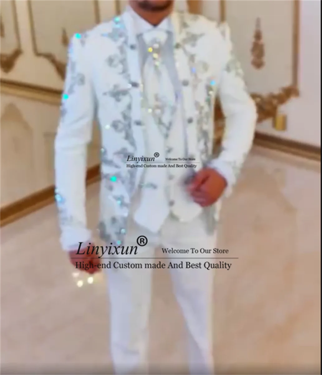 Luxury Shiny Diamond Beaded Men Suits Groom Wedding Tuxedos Customized Male Prom Party Blazers Slim Fit vestidos de novia 2