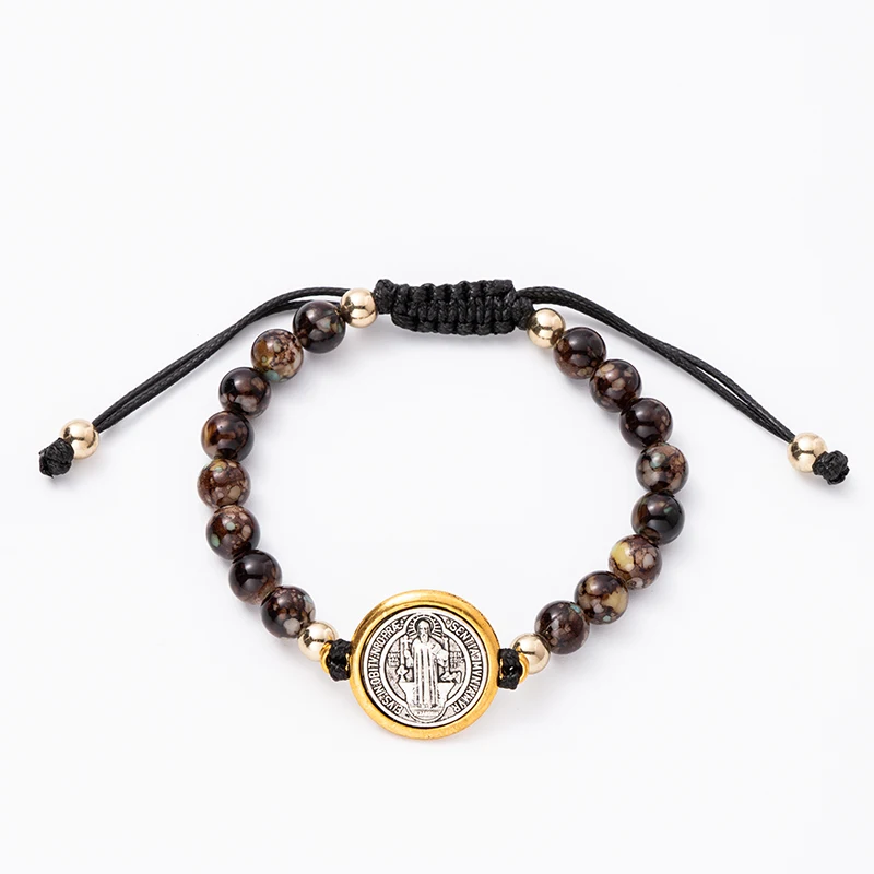 Vintage Saint Benedict Medal Cross Charm Gold/Silver Color Religious Weave Bracelet Catholic Medals Bracelet Pulsera Catolica