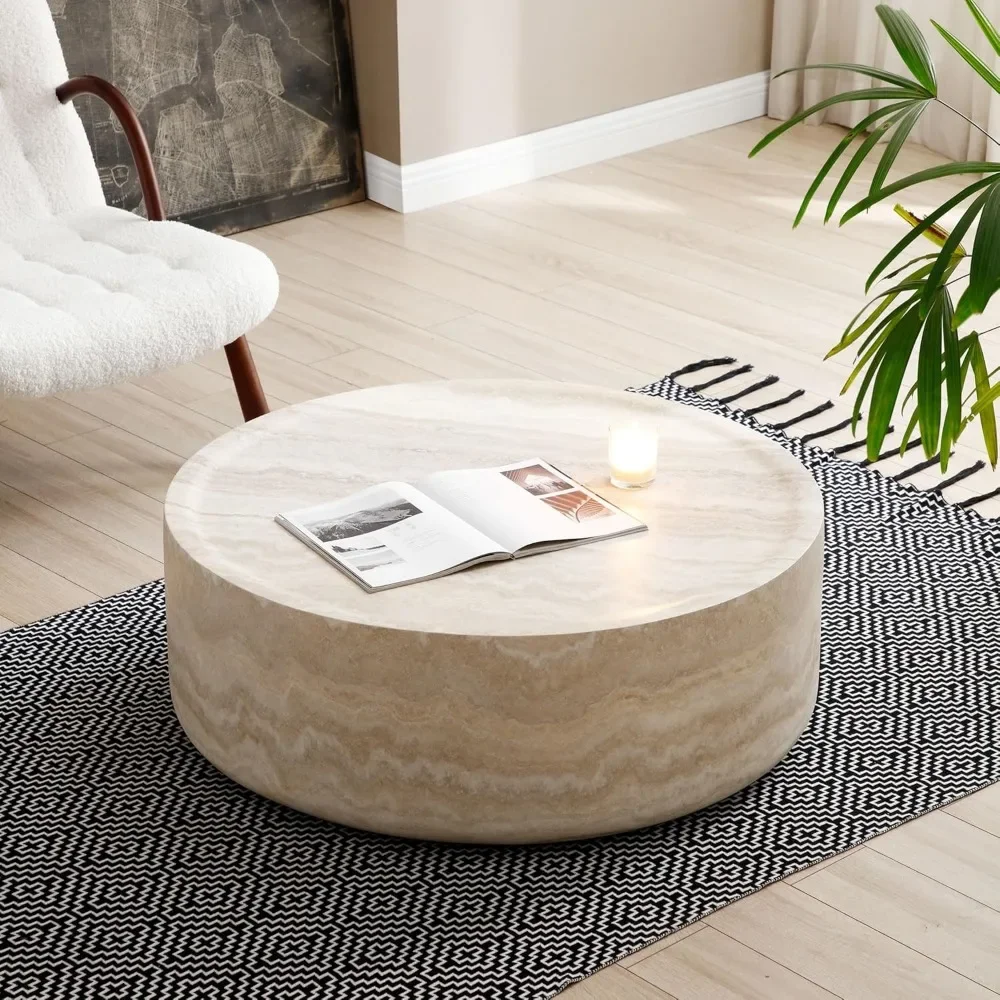 Round Coffee Table, 39.37” Tea Faux Travertine Textured Tables Fiberglass Side Tables End Table for Living Room, Apartment 3