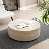 Round Coffee Table, 39.37” Tea Faux Travertine Textured Tables Fiberglass Side Tables End Table for Living Room, Apartment 3