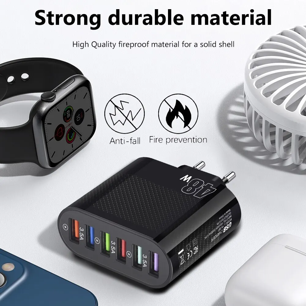 6 In 1 USB Charger Quick Charge 3.0 EU US Plug 48W Fast Charger For Phone Adapter For iPhone Samsung Portable Wall Mobile Charge