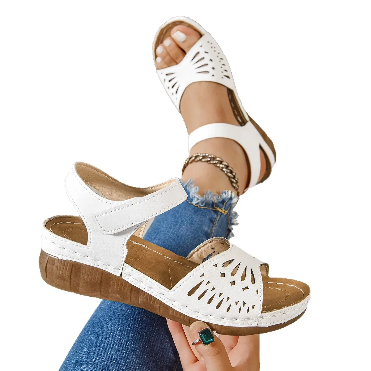 Classic Women Shoes Summer Women's Sandals Fashion Hollow Wedges Sandals Retro Solid Sewing Plus Size Rome Shoes
