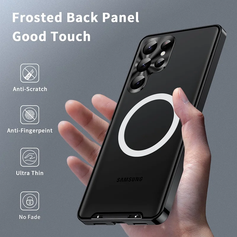 New Magnetic For Samsung Galaxy S23 S22 S24Ultra Note20 Ultra S21 S23FE Metal Frame Frosted PC Back Wireless Charging Phone Case