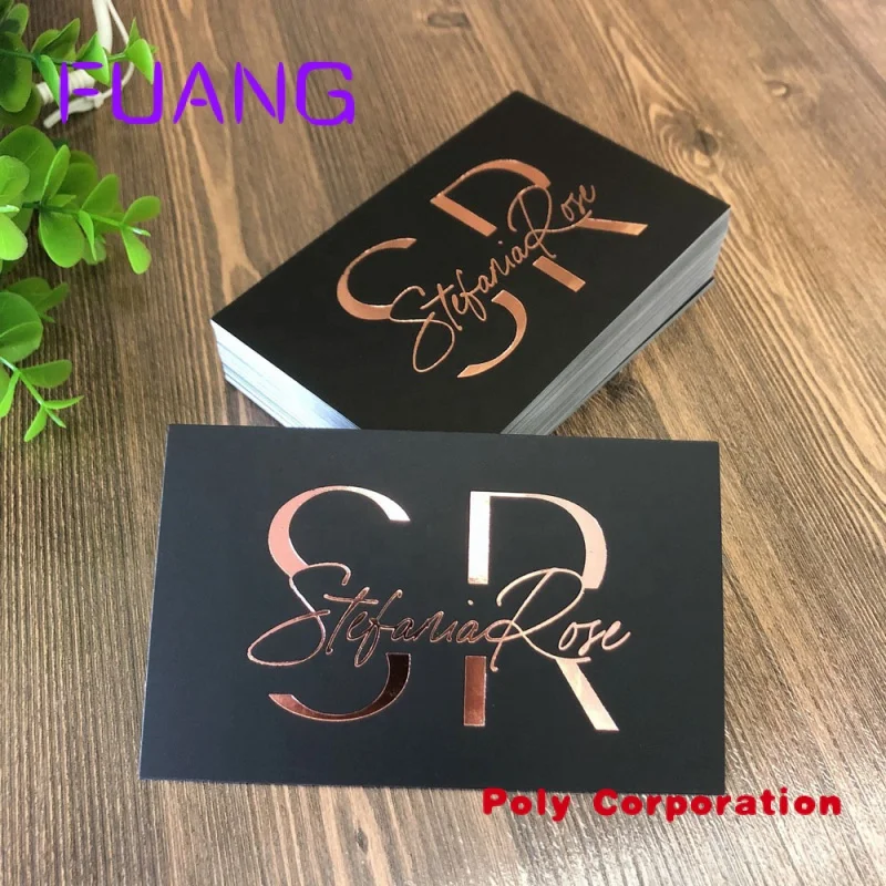 Custom  Customaized luxury elegant 300gsm rose gold foil black greeting card business thank you cards with metallic logo