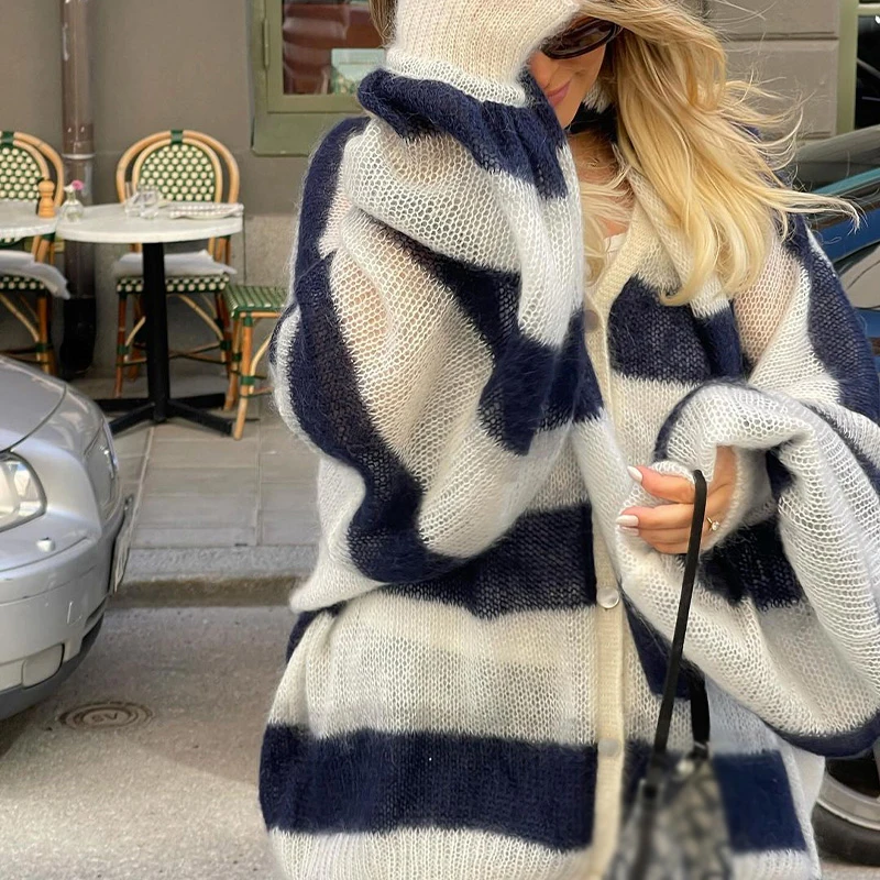 Loose Mohair Striped V-neck Cardigan Women With Scarf Fashion Lantern Sleeve Single Breasted Knitwear Casual Lady New Streetwear