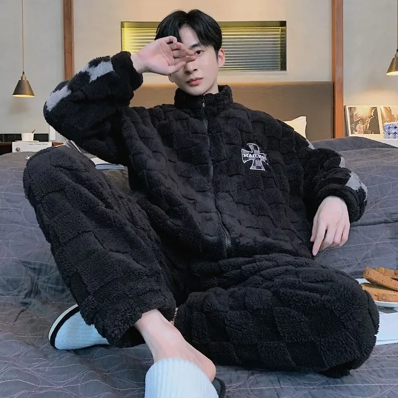 2024 New Pajamas Men's Coral Velvet Autumn Winter Loungewear Plush Thick Warm Sleepwear Youth Zipper Stand Collar Homewear