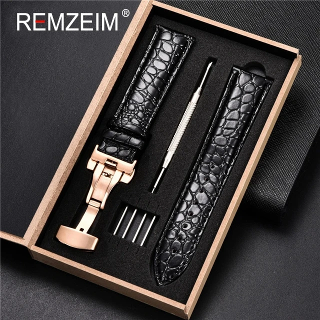 Luxury Embossed Leather Watch Strap with Butterfly Clasp