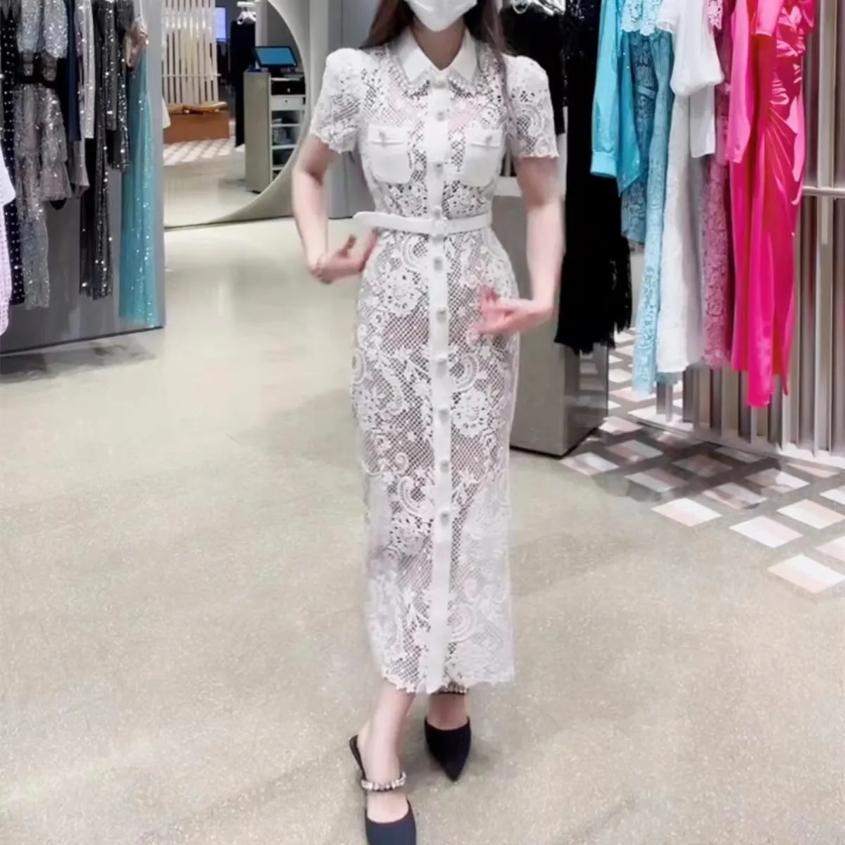 

Women's Dress 2023 Early Autumn New Solid Color Short Sleeve Polo Neck Handmade Beaded Turn-down collar High Waisted Long Robe