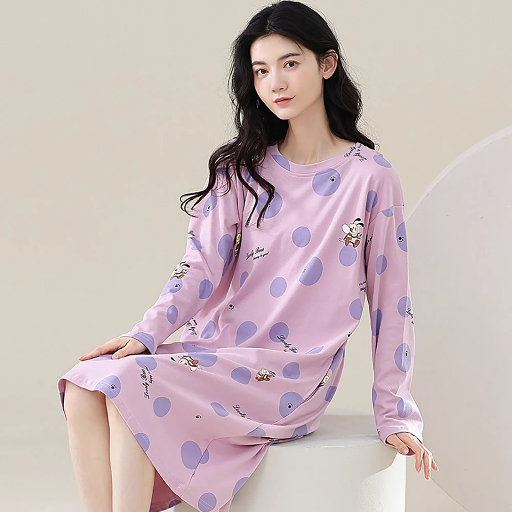 Spring Autumn 100% Cotton Women's Sleepwear Cute Cartoon Pajama Night Dress Women Casual O Neck Nightgowns Breathable Nightdress