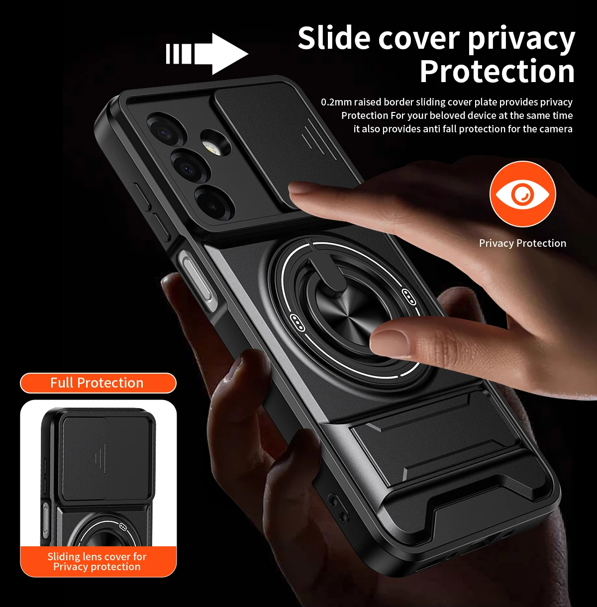 Shockproof Armor Case with Slide Lens Protector and Ring Holder