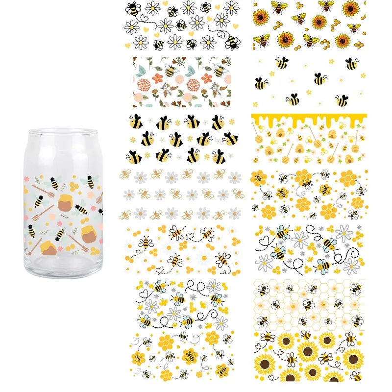 Bees Theme UV DTF Transfer Sticker Cartoon Cute Unique Decals For Wraps Cup Libbey Glass Cup Design Sticker 3D