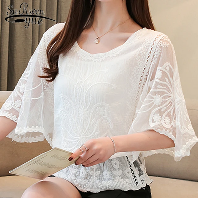 Summer Top Fashion Womens Tops And Blouses Ladies Tops Lace White Shirts Women Tops Blouse For Women Solid Hollow Out Sweet 4073 - Women Blouse -
