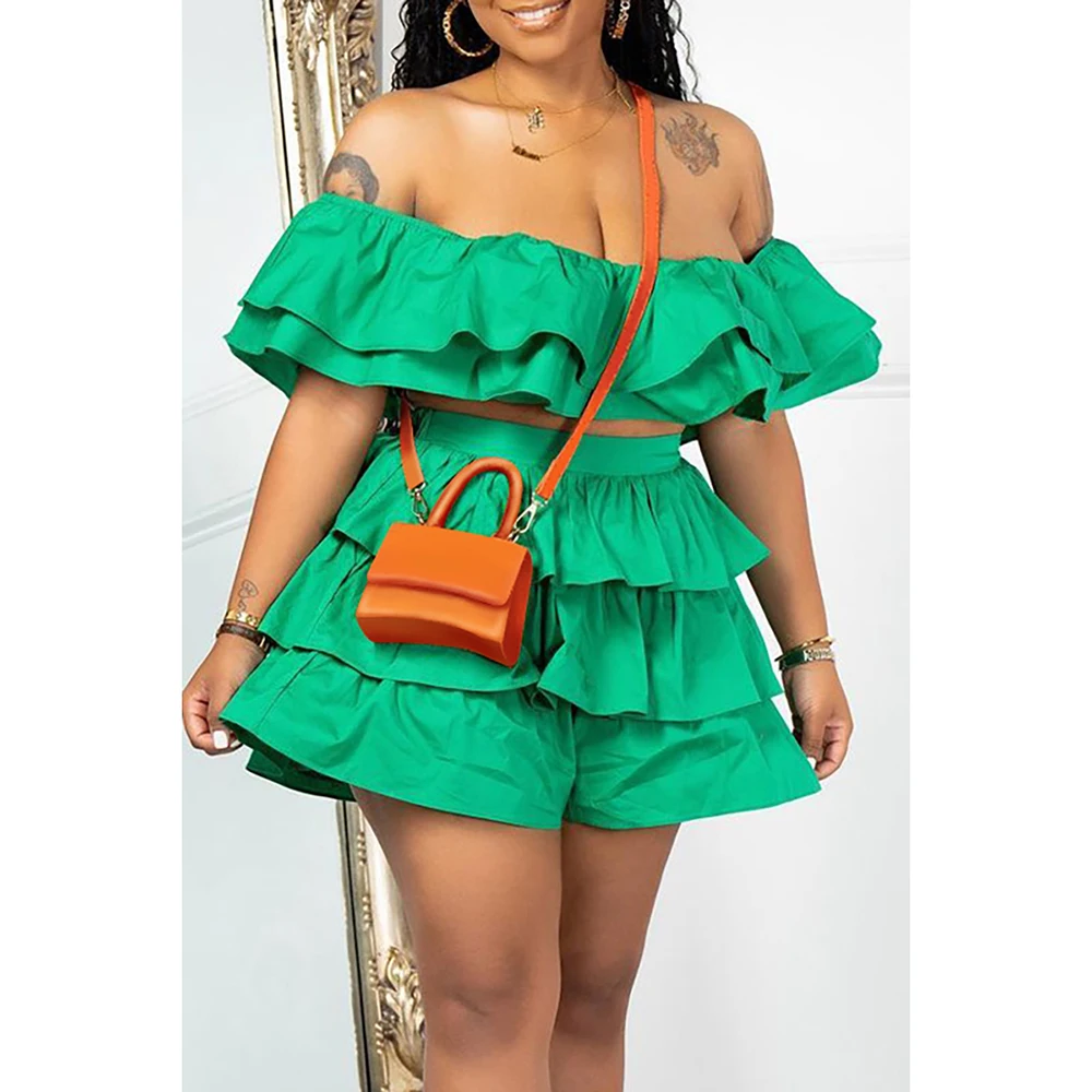 

Plus Size Green Casual Off The Shoulder Overlay Ruffle Two Piece Short Sets