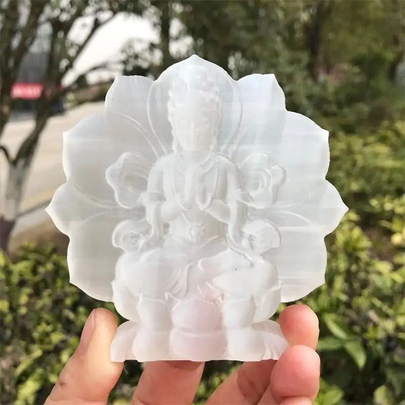 

9.5cm Natural Selenite Buddha Guanyin Crystal Carving Buddhist Healing Energy Stone Crafts Decorative Gift Home Decoration 1pcs