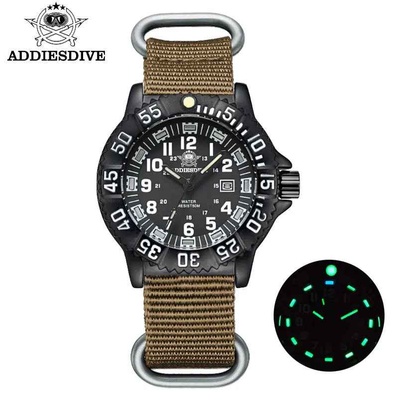 ADDIESDIVE Men's Waterproof Military-Style Sports Watch with Luminous Nylon Strap
